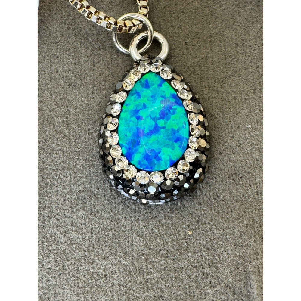 Sterling Silver Blue Opal Teardrop Crystal Halo Pendant Box Chain Necklace - Picture 3 of 6